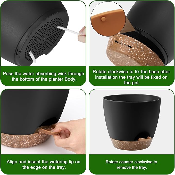 Plant Pots 10/9/8/7.5/7 Inch Self Watering Pots, Set of 5 Plastic Planters with Drainage Holes and Saucers,Plastic Flower Pots,Nursery Planting Pot for Indoor Out Door Plants(Black Brown)-Ruum Studio Home