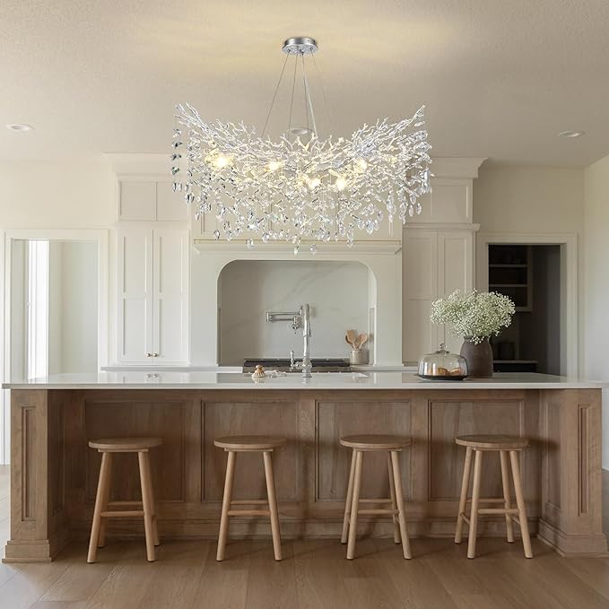 Modern Crystal Silver Chandelier, 36" Large Rectangular Oval Tree Branch Crystal Chandeliers for Dining Room,16-Light Flush Mount K9 Crystal Chandeliers, for Kitchen Island,Dining Room-Ruum Studio Home