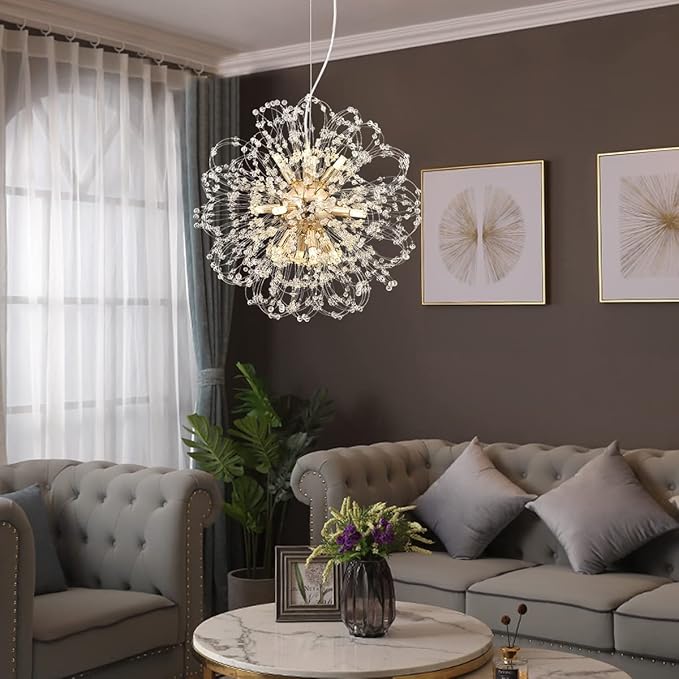 Modern Dandelion Chandelier, Sputnik Crystal Beaded Ceiling Lamp with Gold Finish, Round Sunflower Pendant Light Fixtures for Dining Room Bedroom Foyer Farmhouse (Gold 12Lights)-Ruum Studio Home