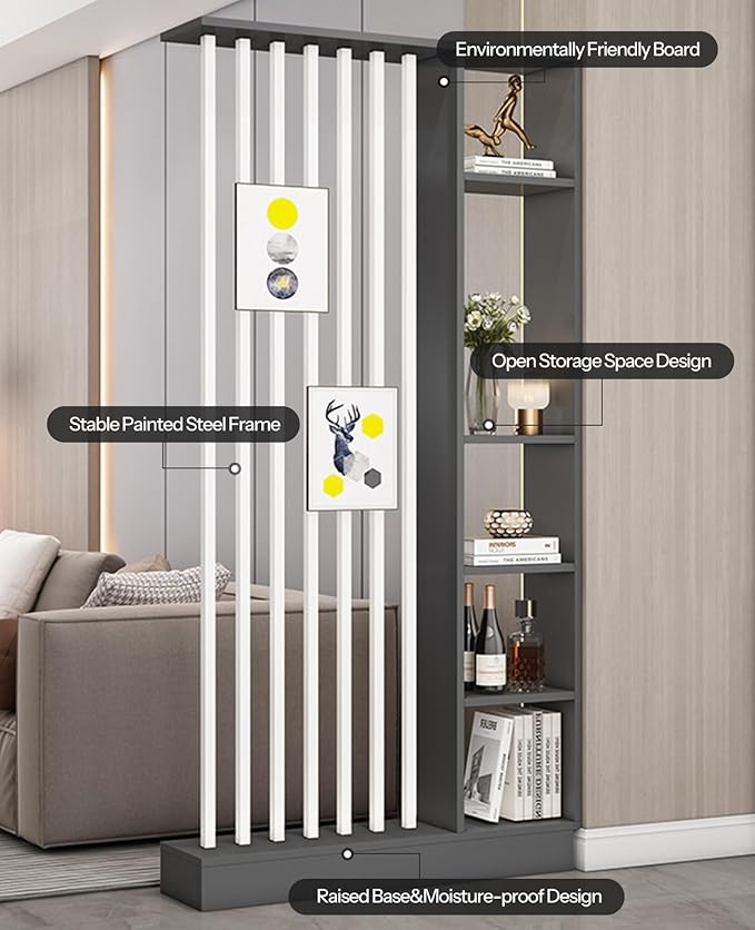 Wall Room Divider, Storage Cabinet Storage Display with Shelves, Modern Freestanding Wood Room Divider Screen, Wall Privacy Screens for Home Decorative (Grey+White,31.5" L x 9.5" W x 79.5" H)-Ruum Studio Home