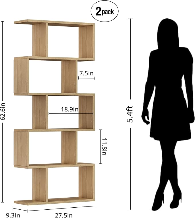 Oak 5-Tier Geometric Bookcase, S-Shaped Modern Bookshelf Set of 2, 62.6" Tall Room Divider Book Shelf, Decorative Display Shelf-Ruum Studio Home