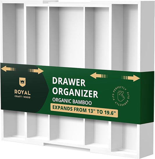ROYAL CRAFT WOOD Luxury Bamboo Kitchen Drawer Organizer - Silverware Organizer - Utensil Holder and Cutlery Tray with Grooved Drawer Dividers for Flatware and Kitchen Utensils (5 Slot, White)-Ruum Studio Home