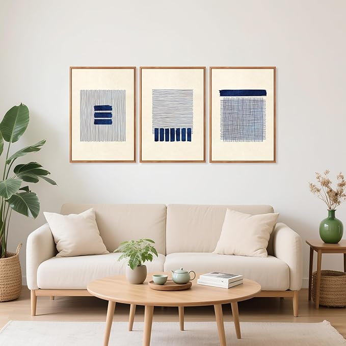 Aurlan Boho Christian Line Art Framed Wall Decor(16"x24"), 3PCS Minimalist Jesus Leavs the 99 Sheep Lamb Bible Story Canvas Artwork, Neutral Abstract Beige Navy Blue Religious Painting for Bedroom Living Room-Ruum Studio Home