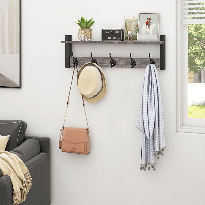 Homode Wall Hooks With Shelf, 24 Inch Coat Rack Wall Mount for Entryway, Clothes, Backpack, Key, Purse - Floating Shelf Hanging in Bathroom, Bedroom, Hallway, Rustic Grey-Ruum Studio Home