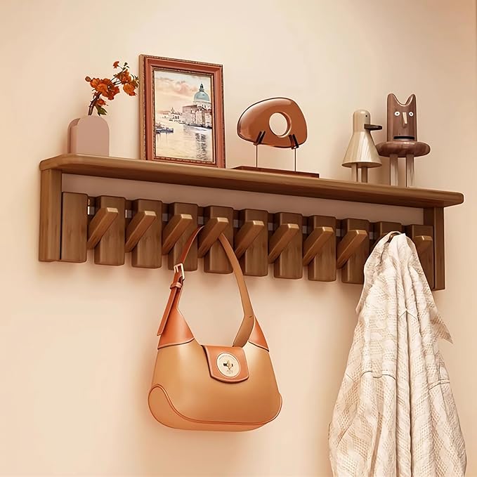 Wall Mounted Piano Key Hanger | Flip Style Hook | Entrance Wall Art Hook, Made of Oak Wood (3 Times Painted, 4 Times Polished) (Tray Walnut, 10Hooks)-Ruum Studio Home
