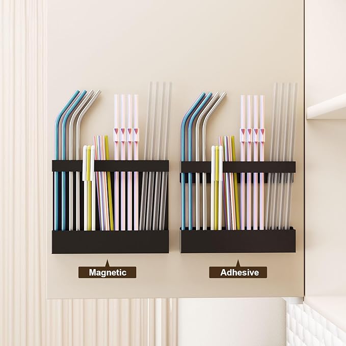 Magnetic & Adhesive Straw Organizer – Carbon Steel Utensil Holder for Reusable Straws, Chopsticks & Stirrers – Wall or Fridge Mount, Space-Saving Black Storage Rack-Ruum Studio Home