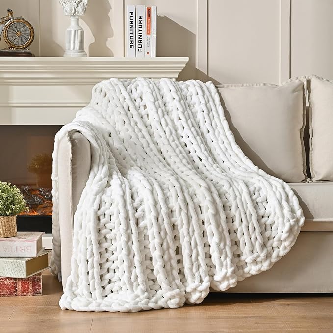 Esterra Chunky Knit Blanket Throw, 100% Handmade Chenille Throw Blanket 50"x60", Soft Thick Yarn Cable Knit Crochet Throw Blanket Rope Knot Throw for Couch Bed Sofa, Bright White-Ruum Studio Home