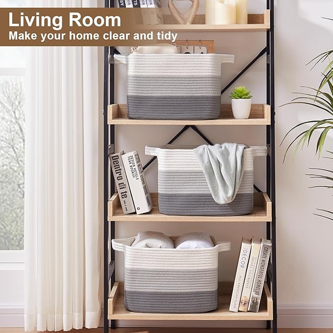 Storage Basket for Organizing, Woven Baskets for Storage, Rectangle Decorative Baskets for Shleves, Closet, Toys, Books, Nursery Organizer Bins - Pack of 3 (Gradient Gray)-Ruum Studio Home