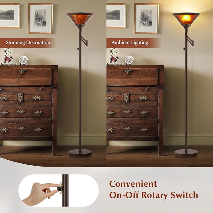 Floor Lamps for Living Room - 70" Brown Torchiere Standing Floor Lamp with Adjustable Swing Arm - Tall Corner Lamp Decor for Bedroom with Mica Shade LED Reading Light for Home Office-Ruum Studio Home