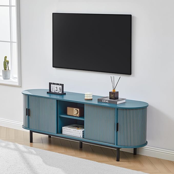 62" Tambour Door TV Stand,Wood Mid Century Modern TV Cabinet for Up to 75“ TV,Curved Edge Long TV Stand with Storage for Bedroom Living Room(62.2inch,Blue)-Ruum Studio Home
