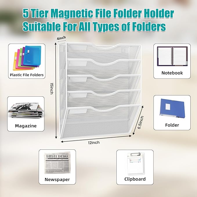 5-Tier Magnetic File Organizer, No Drilling Installation, White Magnetic Paper Holder, Magazine Rack for Refrigerator and File Cabinets-Ruum Studio Home