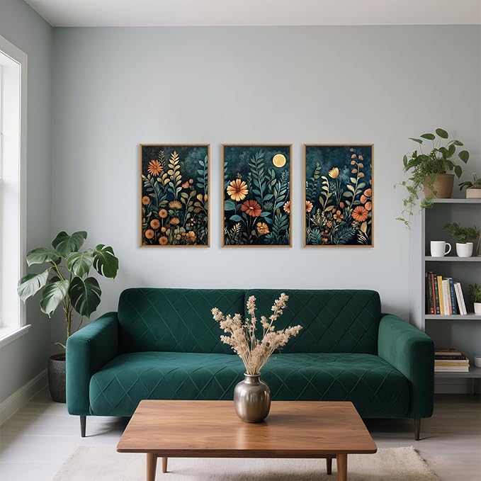 Celestdeco Vintage Dark Botanical Framed Canvas Wall Art Set, Colorful Floral Wall Decor, Nature Wildflower Wall Painting, Colorful Blossom Art Prints for Living Room, Bedroom, Office - 24"X36"X3-Ruum Studio Home