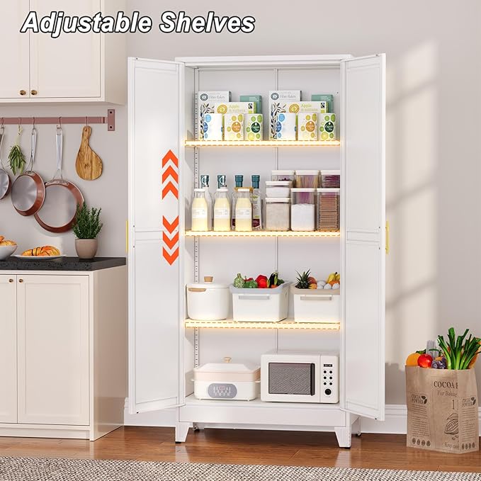 Metal Pantry Cabinet with 2 Doors and Adjustable Shelves - 61" Kitchen Storage Cabinet with Gold Handles - Versatile Storage for Kitchen, Bathroom, Dining Room, Utility Room - White-Ruum Studio Home