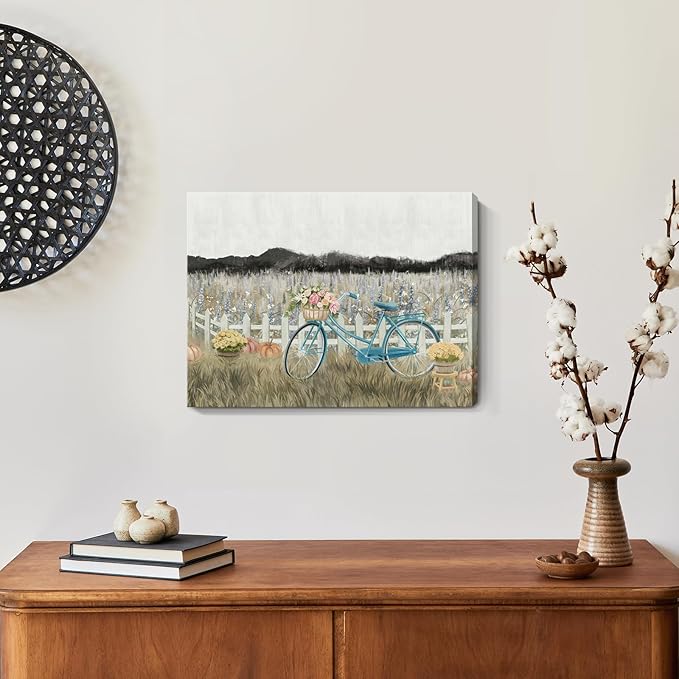 Farmhouse Decor Bathroom Fall Wall Art Vintage Boho Landscape Nature Canvas Picture Mountains, Bicycle Lavender Flowers Floral Neutral Small Artwork for Modern Organnic Country Rustic Cottagecore Bedroom-Ruum Studio Home
