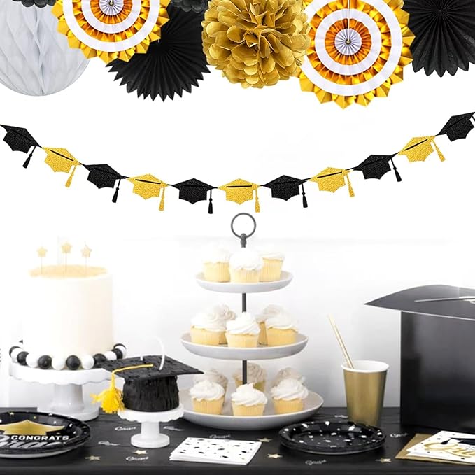 Black Gold Party-Decoration Graduation Banner - 14pcs Kits Cap Garland Streamers, Paper Tissue Pom Poms Flowers Fans Honeycomb,Class Of 2025 College High School Grad Decor Hugfond-Ruum Studio Home