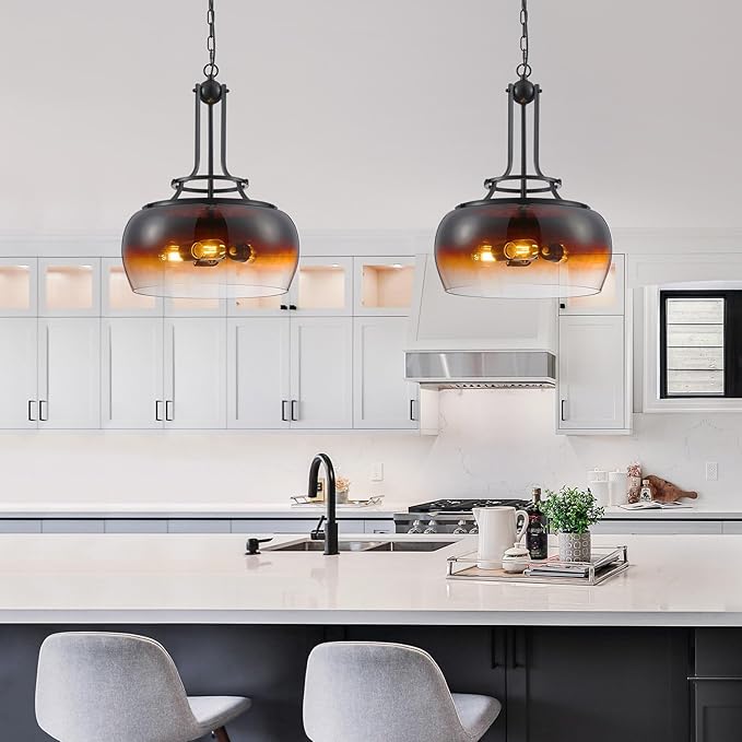 WUZUPS Chandelier Rustic Farmhouse Industrial Round Ceiling Pendant LED Light Fixture with Amber Gradient Black Glass Shade for Dining Room Kitchen Island Foyer Entryway, H 20.9" W 15.9", E26 Base-Ruum Studio Home