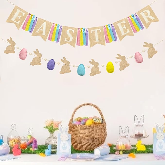 Easter Party Decorations Burlap Rabbit Bunny 3D Felt Egg with Wood Beads Garland Felt Easter Sign Burlap Pennant Banner Flag with Pastel Ribbon for Easter Spring Birthday Baby Shower Party Supplies-Ruum Studio Home