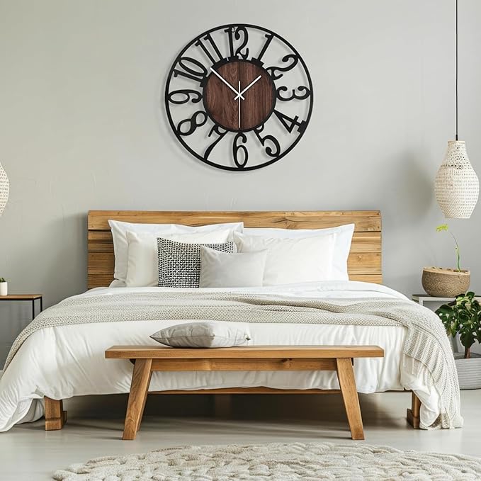 Maxstar Large Round Wall Clock for Living Room Decor Battery Operated Non Ticking Black Metal Wood Clocks for Home Living Room Garden Farmhouse Office Kitchen Decoration -24 inch-Ruum Studio Home