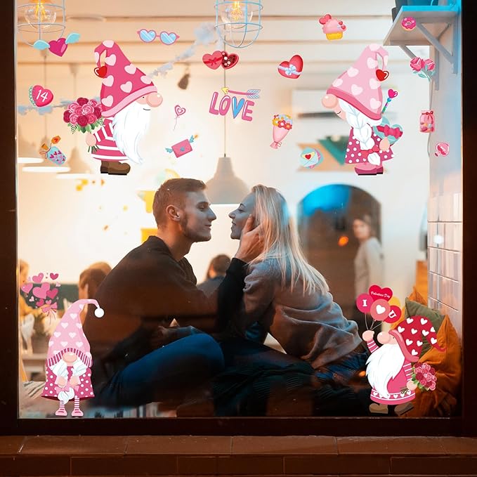 DC-BEAUTIFUL 107 PCS Valentines Window Clings, 9 Sheets Double-Sided Pink Love Heart Gnome Valentine Decoration Window Stickers, Reusable Static Holiday Window Decals for Home Wedding Party Decors-Ruum Studio Home