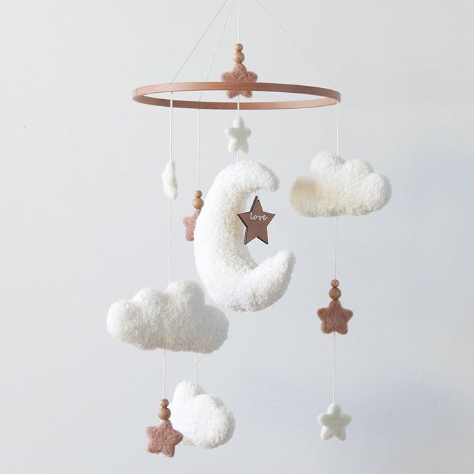 Cloud Moon Crib Mobile Cloud Baby Mobile for Crib Neutral Boho Clouds and Stars Moon Mobile Boucle Mobile, coffee 3-Ruum Studio Home