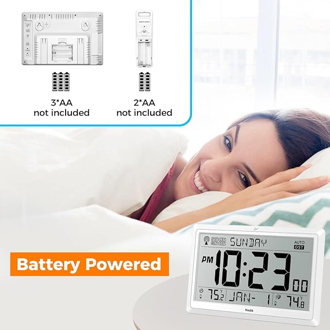 Wall Clock Atomic with Indoor Outdoor Temperature Battery Powered, Easy Reading with 10.5 Inch Large LCD Display, 330FT Range Table Wall Clock with DST, 12/24 Hour for Living Room Kitchen (White)-Ruum Studio Home