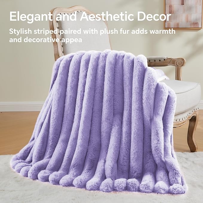 BEDELITE Faux Fur Throw Blanket for Couch, Soft and Cozy Luxurious 3D Striped Fluffy Blanket, 770GSM Thick Warm Plush Fuzzy Faux Rabbit Fur Blanket for Women Gift (Lavender, 60"x 80")-Ruum Studio Home