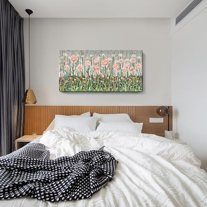 amatop Extra Large Floral Wall Picture for Living Room Modern Botanical Canvas Prints Flower Field Wall Decor Abstract Nature Art Wildflower Garden Pink Green Stretched Artwork Bedroom Office 58x29 in-Ruum Studio Home