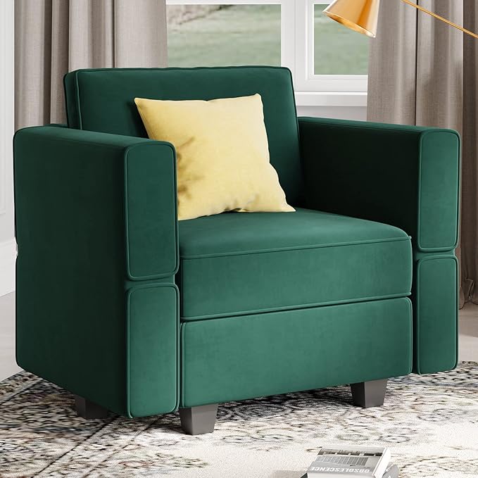 Belffin Velvet Modular Sectional Arm Chair Accent Chair with Storage Seat Single Club Chair for Apartment Green-Ruum Studio Home