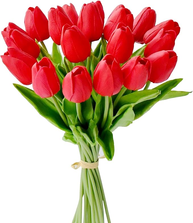 Mandy's Artificial Tulips 20 Stems Red PU Faux Flowers for Wedding Home Decor 13.5 Inch-Ruum Studio Home