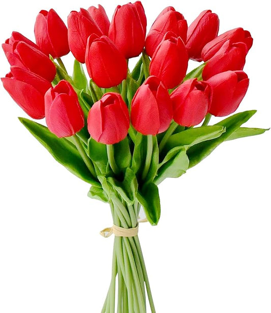 Mandy's Artificial Tulips 20 Stems Red PU Faux Flowers for Wedding Home Decor 13.5 Inch-Ruum Studio Home