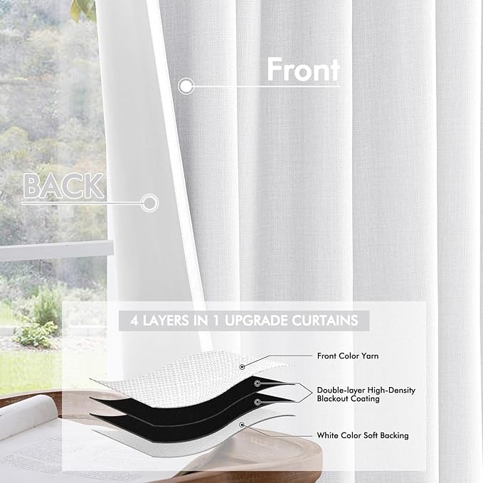 MIULEE 100% Blackout Curtains 108 Inch Long 2 Panels Set for Bedroom, Thick Faux Linen Black Out Curtain Room Darkening Back Tab Pleat Window Textured Drapes with Hooks for Living Room, Bright White-Ruum Studio Home