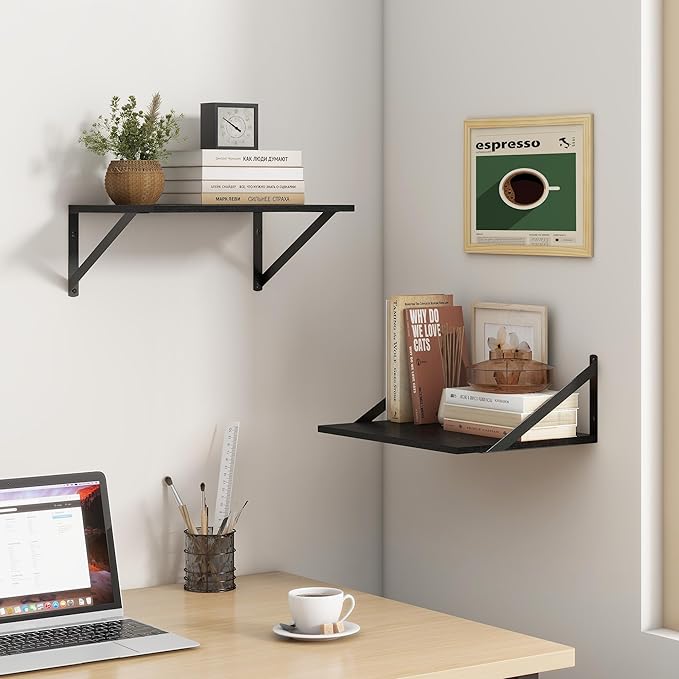 Fun Memories Deep Floating Shelves for Wall, 12 Inch Deep Black Floating Shelves Set of 2, 16" W x 12" D Wall Shelf, Wide Display Ledges Shelves for Bedroom, Bathroom, 12 Deep Bookshelf Wall Mounted-Ruum Studio Home