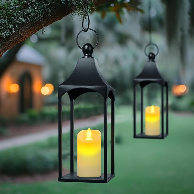 Eufrozy Lanterns Decorative Outdoor Indoor Set of 2 Black Metal Candle Lanterns with Flameless Candle, Modern Farmhouse Lantern Decor for Porch Patio Fireplace Mantle Kitchen Table Christmas Gifts-Ruum Studio Home