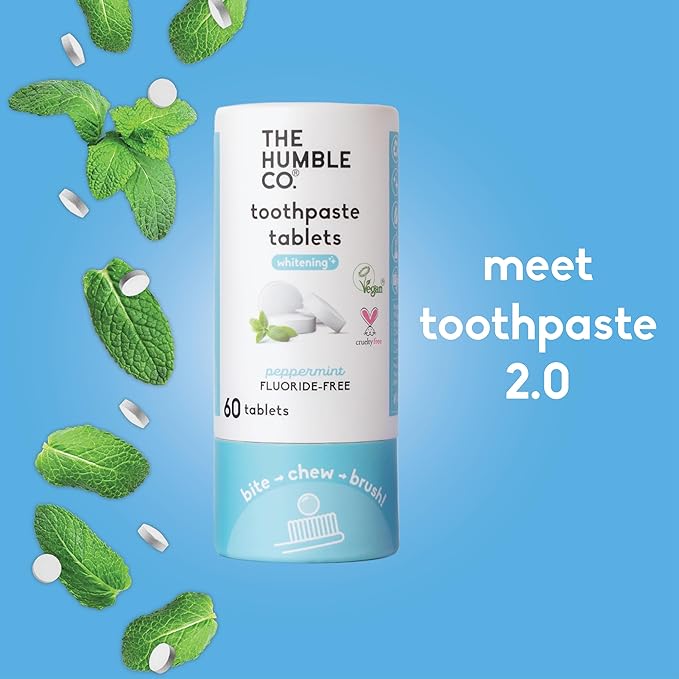 The Humble Co. Whitening Toothpaste Tablets – Fluoride Free Toothpaste Whitening Tablets, Dentist Developed Formula, Vegan, SLS Free, Plastic Free (Peppermint, 2 PK)-Ruum Studio Home