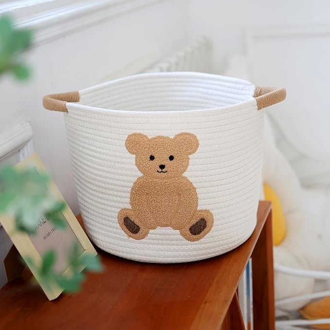INough Cotton Rope Basket Toy Storage Baskets for kids Laundry Hamper, Gift Basket Empty Baby Shower Baskets with Handles, Cute Bins Blanket Stuffed Animal Storage for Nursery, Living Room Decor, Bear-Ruum Studio Home