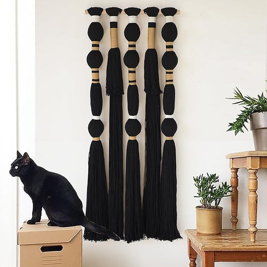 Macrame Wall Hanging Black Sphericity Cotton Tassels Textile Hanging Geometric Yarn Wall Art for Bedroom Living Room Decor 15.7" W x 39" L-Ruum Studio Home