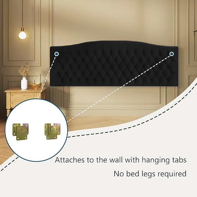 Velvet Upholstered Headboard King/Cal King Size Latest Model Wall Mount, Bed Frame Mount, Featuring High-Density Sponge Padding, Luxury Texture Easy Assembly Comfort and Style-Black-Ruum Studio Home