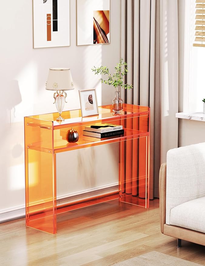 Acrylic Console Table, Entryway Table with Storage Shelves (1, 39.4 * 31.5 * 11.7 inches) (Orange)-Ruum Studio Home