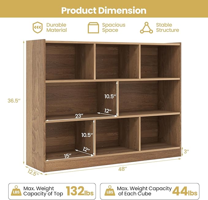 Tangkula 8-Cube Bookcase, Wood 3 Tier Open Storage Bookshelf, Modern Multipurpose Display Cabinet for Living Room, Study, Reading Nook, 48 x 12.5 x 36.5 Inch, Natural-Ruum Studio Home