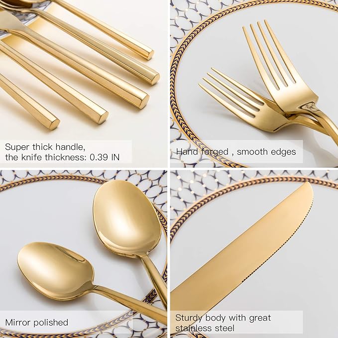 Gold Silverware Set Flatware Set Stainless Steel Cutlery Set Hexagon Handle Home Kitchen Daily Use 30 Pieces Service for 6-Ruum Studio Home