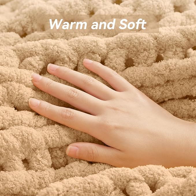 Chunky Knit Throw Blanket, 30''*40'' Knitted Throw Chenille Yarn for Bed Couch, Handmade Beige Crochet Big Thick Blanket, Machine Washable Cute Comfy Blanket for Home Decor-Ruum Studio Home