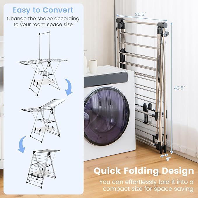 Giantex Clothes Drying Rack, Foldable Laundry Drying Rack with with 6-Level Adjustable Height, High Hanger Design, Side Clips, Space Saving Collapsible Laundry Drying Rack-Ruum Studio Home