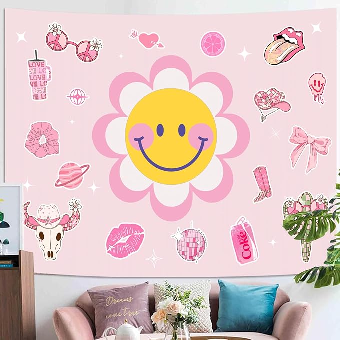 Lunerfex Y2K Tapestry Pink Sun Wall Tapestry, Cute Tapestries for Bedroom Funny Tapestries Wall Hanging for Bedroom Living Room Decor Pink-7 44"x60"-Ruum Studio Home