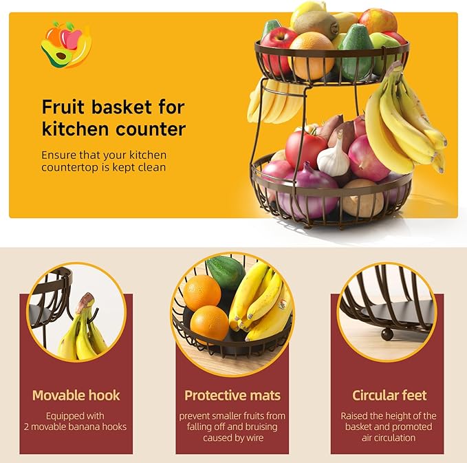 2 Tier Fruit Basket for Kitchen Counter with 2 Banana Hangers, Metal Stackable Fruit Bowl for Kitchen Counter for Bread Vegetable Fruits, Brown-Ruum Studio Home