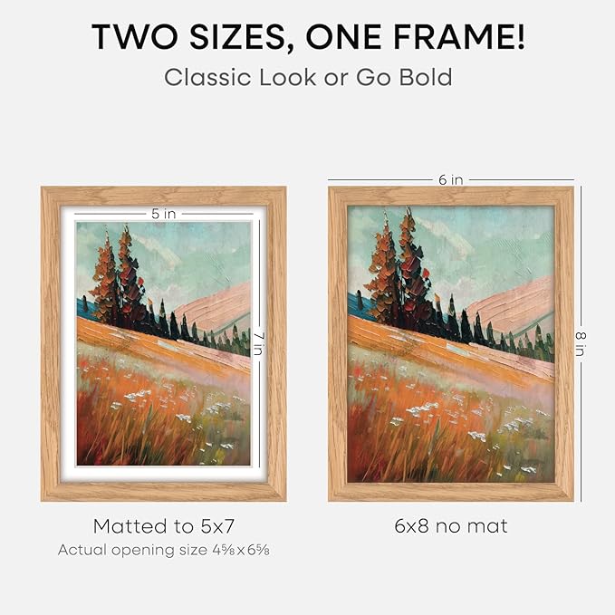 Homeforia 6x8 Picture Frame Natural Wood, High End Oak 6x8 Light Wooden Frames with Mat 5x7 for Photo, 6 x 8 Frame Matted to 5 x 7 Print, 8x6 Wall or Tabletop Frame, Tempered Glass, Wall Kit, Set of 1-Ruum Studio Home