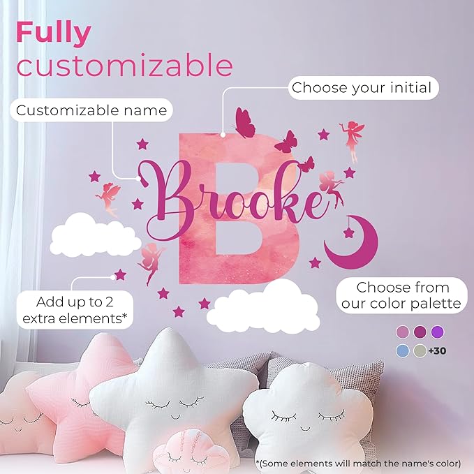Custom Stickers Name Wall Decor I Personalized Name Sign for Room Decor | Multiple Custom Name & Initial I Decal for Baby Girl Nursery Decor I Nursery Wall Decal for Baby (C. Pink Sky)-Ruum Studio Home