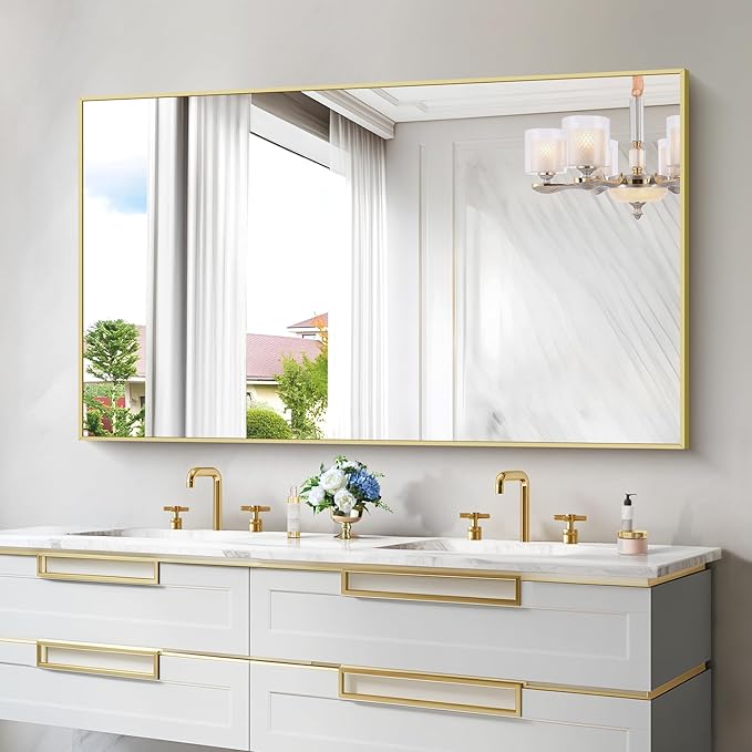 30x55In Gold Bathroom Mirror for Wall, Brushed Gold Rectangle Mirrors with Metal Frame, Bathroom Rectangular Mirror Modern Wall Mirror for Bedroom Living Room, Hangs Horizontal or Vertical-Ruum Studio Home