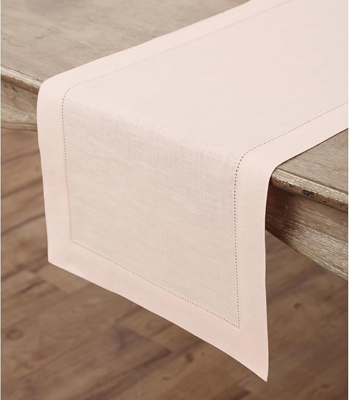 Solino Home Linen Pink Table Runner 60 Inches - Classic Hemstitch, 100% Pure Linen Coffee Table Runner 14 x 60 Inch Ideal for Dresser Tables - Halloween-Ruum Studio Home