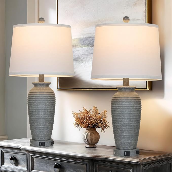 25" Grey Vintage Table Lamp Set of 2 Farmhouse Jar Table Lamps for Living Room，Touch Bedside Lamps with USB A+C Ports & AC Outlet, Pot Nightstand Lamps for Bedroom Living Room (LED Bulbs Included)-Ruum Studio Home