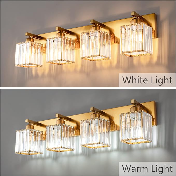 Modern Vanity Light 4-Lights Modern Gold Brushed Brass Finish Crystal Wall Light Bathroom Vanity Light Fixtures-Ruum Studio Home